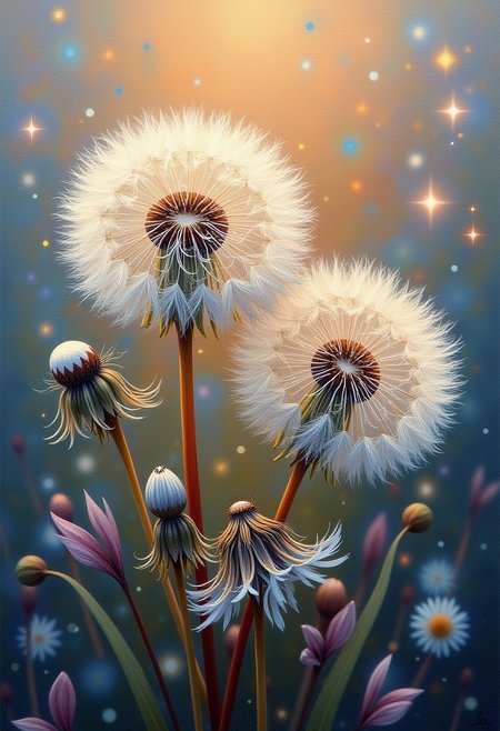 Nestled within an intricate oil painting, nature's delicate ballet unfolds with grace as dandelion seed heads playfully intertwine amongst dainty petals. Captured through a mesmerizing macro perspective, each microcosmic detail emerges in vivid clarity, highlighting the harmonious symphony of hues and shades. The artist's brushwork exudes energy and passion, creating a sumptuous impasto effect while masterfully blending soft colors, further enhancing the painting's ethereal atmosphere and mesmerizing lighting.  As viewers immerse themselves in this captivating tableau, depth perception heightens with each brushstroke, evoking emotions reminiscent of Post-Impressionist masterworks yet simultaneously blurring the boundaries between the past and present. The delicate patterns and textures unfold before the eye, transforming minute natural wonders into something akin to a celestial dreamscape. Undoubtedly, this enchanting oil painting serves as a testament to the artist's immense creative prowess and imaginative skill. ,