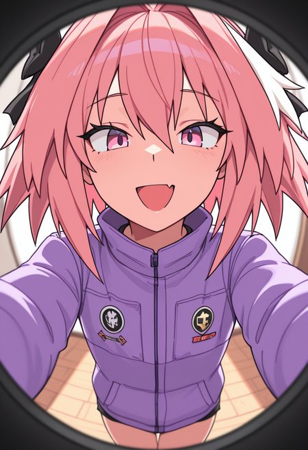 Masterpiece, best quality, tsunderemaids, 1boy, solo, astolfo_(fate), pink eyes, pink hair, fisheye lens, looking at viewer, smile, :D, jacket, purple clothes