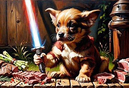 puppy wolverine Obi-Wan, grilling beef on light saber, 
Oil Painting, 
(Renaissance Paintings, Renaissance style, beautiful, painterly, detailed, textural, artistic),  (((intricate details, highly detailed, ultra-detailed, absurdres))), (unreal engine, octane rendering, Anti-Aliasing, sharp focus, natural lighting, high saturation, high contrast, vivid, vibrant, studio lighting, best texture quality), beautiful detailed scenery,
