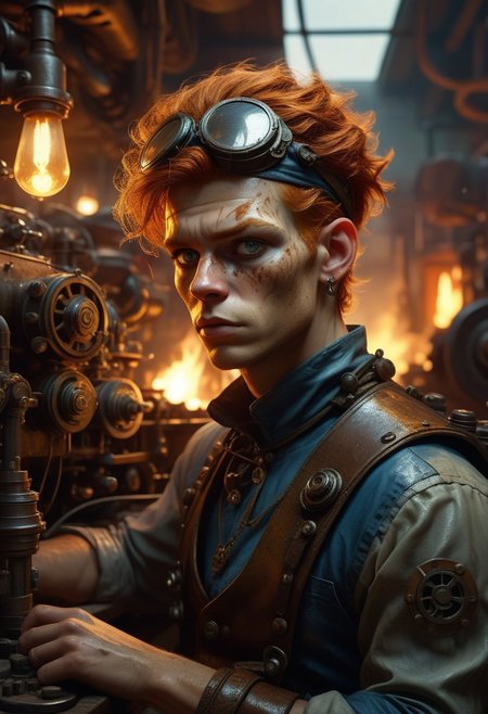 Wiry ginger mechanic with eyepatch in a dieselpunk workshop, determined and focused expression, covered in grease and oil, working on a large, steam-powered machine, tools and parts scattered around, workshop filled with heavy machinery and steam, air filled with the scent of metal and smoke, distant sounds of clanking gears and hissing steam, use of 'high resolution', '8k', 'hyper-detailed', 'dieselpunk', 'dramatic lighting' to highlight the gritty environment, 'depth of field' for immersive effect, 'HDR' for high dynamic range