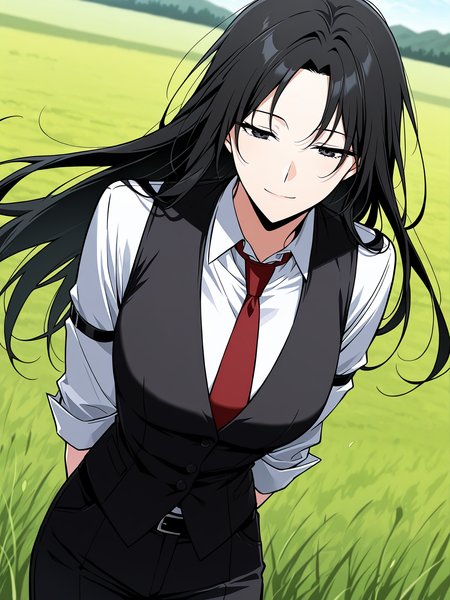 <lora:Omniscient_Readers_Viewpoint__Jung_Heewon:1>
1 girl, solo, black hair, long hair, black eyes, straight hair, loose hair, 
white shirt, red necktie, black vest, black pants, black belt, formal outfit, sleeveless vest, rolled-up sleeves, 
score_9, score_8_up, score_7_up, very aesthetic, source_anime, detailed, high quality, beautiful, masterpiece, detailed eyes, field, blurry background, pose dynamic angle, upper body, cowboy shot, light smile, floating hair, half-closed eyes, hands behind back, leaning forward, looking forward, looking at viewer
