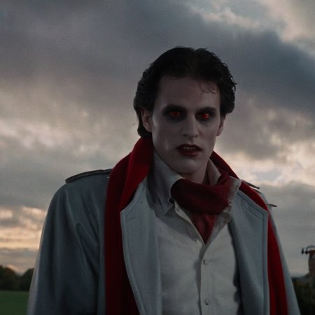 Horror-themed,  <lora:Fright Night 1985 Film Style:1>
Cinematic Medium Shot Film Footage captured by Panavision Cameras and Lenses, vampire creature, Jerry a vampire man with a vampire face, staring at camera with red eye lenses, in a coat jacket and red scarf and white shirt, with a creepy angry smile, and perfect light on, with cloudy sky stained windowbackground behind, Fright Night 1985 Film Style, Eerie, unsettling, dark, spooky, suspenseful, grim, highly detailed