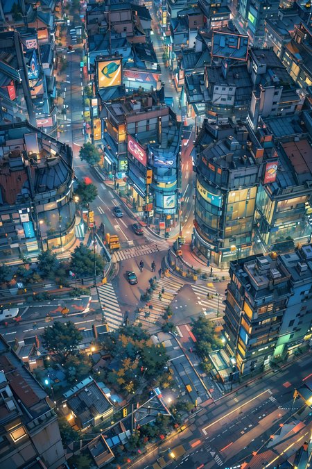(masterpiece:1.3),(best quality:1.3),highres,vivid_color,colorful,ultra-detailed,masterpiece,extremely detailed CG unity 8k wallpaper,best quality,scenery,outdoors,<lora:Detailed_Places_R-128_v1:0.7>,scenery,buildings,cityscape,road,night,sign,skyscraper,street,outdoors,city lights,from above,intersection,blue_light,car,crowd,