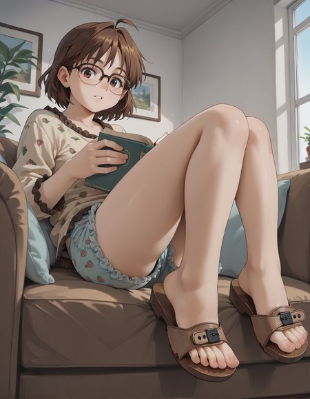 score_9, score_8_up, score_7_up, score_6_up, source_anime,
1girl,
Sheshka, glasses, brown hair,
reading a book,
looking at viewer,
lying on couch, 
bloomers, frilly pajama top,
low angle, from side,
(scholls_l3ather),
embedding:zPDXLrl ,
embedding:zPDXL2 ,