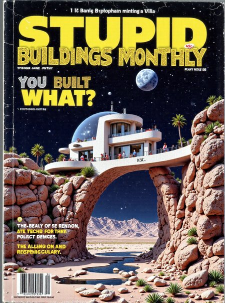 A photo of a retro, 1980s-style manual featuring a cover photograph of a Villa on a bridge between two impossibly tall cliffs on the Moon: A striking villa built atop an elegant bridge between two impossibly tall cliffs above a completely barren, dry, Lunar landscape. The design features modern materials that complement the surroundings while remaining distinct, with large terraces overlooking the cliffs. The villaâs structure seems impossibly arranged, tumbling over itself. The whole villa is covered by a clear glass dome, keeping it airtight. The header in blocky yellow text "Stupid Buildings Monthly". Subtitle below the picture is the text "YOU BUILT WHAT?". Text "69c". V1llas1nNa1ure <lora:FLUX_V1llas1nNa1ure_LoRA:1> <lora:1980s_Technical_Manuals_Flux:1> <lora:TextimproverV0.4:0.85> aidmatextimprover,