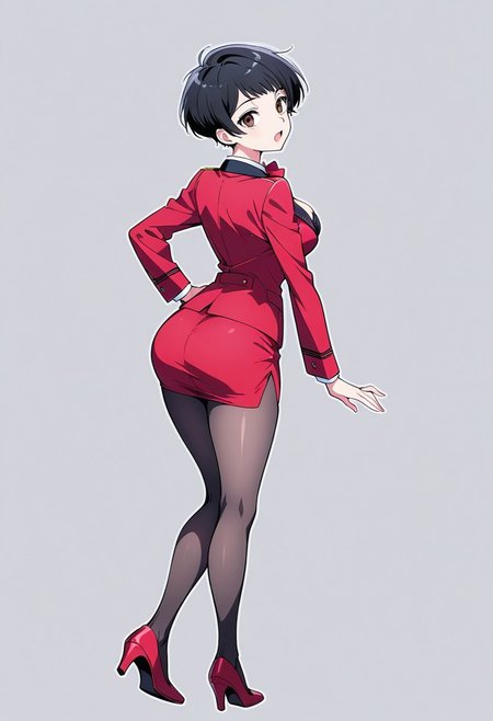 score_9, score_8, score_7, score_6, source_anime,high quality, highly detailed, flat illustration,
18 yo girl, wide hips, brown eyes, makeup, pixie hair cut,
wearing flight attendant outfit, red tailored uniform, white shirt with cleavage and bra, red pencil-skirt, pantyhose, red bowtie, 
 dark grey blank background, 
rear view, ass, wide shot, open mouth, standing pose, hand on hip, 
(c0l0urc0r3, cute, bright colours,:1.2)