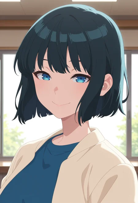 masterpiece, best quality, amazing quality, absurdres, 1girl, solo, (portrait:1.2), sonokoww, blue eyes, black hair, short hair, bob cut, cream jacket, casual jacket, blue shirt, looking at viewer, smile, indoors, day, skindentation, detailed clothing folds, depth of field, sharp, high contrast, dynamic light <lora:Kagetsu_Sonoko_Me_and_the_Alien_MuMu_ill:0.8>