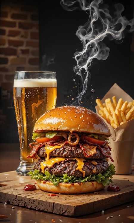 Exquisite gourmet burger, juicy beef patty, melted artisanal cheese, crispy bacon, fresh lettuce, ripe tomato slices, caramelized onions, handcrafted brioche bun, sesame seeds, glistening with moisture. Rustic wooden board, scattered sea salt flakes, cracked black pepper. Golden fries in paper cone, homemade ketchup. Frosty craft beer in chilled glass, condensation droplets. Warm ambient lighting, soft shadows. Intricate details, rich textures, vibrant colors. 8K resolution, masterpiece, photorealistic. Steam rising, cheese pull effect. Gastropub atmosphere, exposed brick background, dim mood lighting. <lora:FLUX-daubrez-DB4RZ:0.4> <lora:aidmaFLUXPro1.1-FLUX-v0.3:0.7> <lora:aidmaMJ6.1-FLUX-v0.4:0.7> <lora:CPA:0.8> <lora:Liquid_Clothes_v2:0.8>