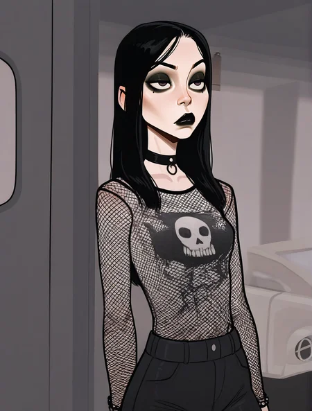 masterpiece, best quality, absurdres, 
incase style, realistic,
1girl, 1nc4s3, solo, small, petite, emo, dark eyeshadow, black lipstick, bored face, choker, fishnet shirt, minivan,