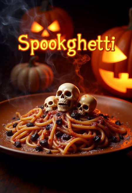 Design a high-quality, Halloween-themed pasta dish called 'Spookghetti,' featuring a plate of realistic spaghetti with a dark, rich sauce like squid ink or a deep red marinara. Garnish the dish with tiny, edible skulls nestled within the noodles. The setting should have a spooky Halloween atmosphere, with glowing jack-o-lanterns in the background, eerie shadows, and a faint mist swirling around the plate. The word 'Spookghetti' should appear above the dish in a playful, eerie font, glowing softly to enhance the spooky yet funny vibe."
