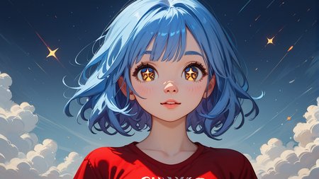 score_9, score_8_up, score_7_up, zPDXL2, <lora:flat2DAnimerge_epoch_10:1.0>, flat2D, 
1girl, cute face, detailed eyes. starry eyes, red t-shirt, short blue hair, portrait