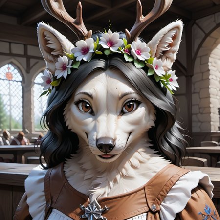 anthro, female raindeer, tufted fur, tufted ears, cheast tuft, fluffy tail, detailed fur, black hair, raindeer antlers, white fur, brown eyes, detailed face, medieval tavern, medieval dress, medium breasts, flower crown, solo, close-up, smile,
