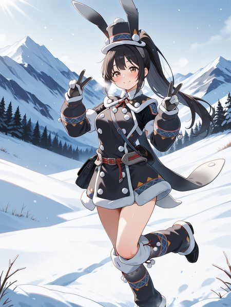 snow,mountain,snowbaron lagombi armor,1girl,solo,black hair,long hair,brown eyes,high ponytail,smile,double v,blush,black fur-trimmed top hat,black fur-trimmed capelet,black fur-trimmed coat,black fur-trimmed gloves,black fur-trimmed boots,full body,black bag,
masterpiece,best quality,amazing quality,very aesthetic,absurdres,newest,<lora:Snowbaron Lagombi Armor illuXL v1:0.75>,