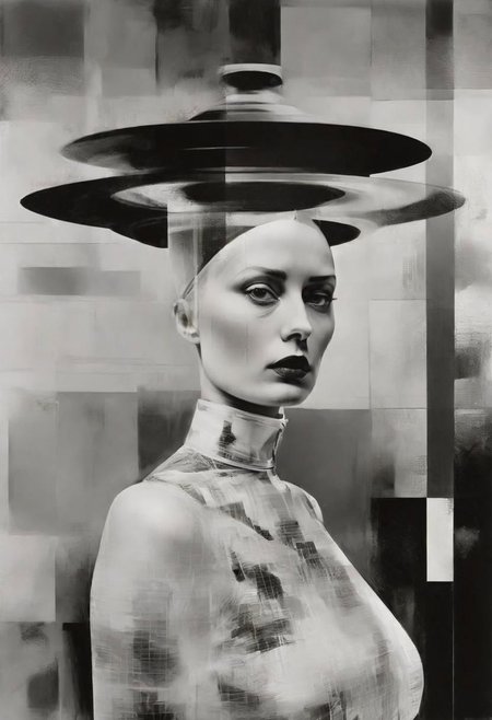 Monochrome black and white, Dali, Magritte, Delvaux, Bellmer, Malevitch, Rodchenko, Mondrian, Kandinsky, Popovna, psychedelic hallucination, pop surrealism, rough crosshatch drawing pop art Lunatic_Portrait of a young woman in latex Avant-garde Fashion page, slick back, low bun, black makeup, sinister expression, intense glare, avant-garde, abstract, weird, geometric, constructivism, suprematism, rayonism, verticism, lineism, tj