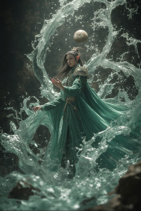 masterpiece, best quality, 4k, HDR, hi-resolution, tetradic colors in details, (volumetric light:0.8), (light diffusion:0.9), light ray tracing,very realistic,midjourney,detailifier,db4rz style, digital art,full body shot, Dynamic three-quarter shot of an elf with tenebrous hair and pointed ears, garbed in a  modified qipao.  Hydrodynamic sphere levitates before them, glistening with refracted light.  Rivulets and droplets of water dance around the figure, imbued with pellucid kinetic energy.  Focus on the coalescence of water and the elf's resolute countenance.  Background:  Effervescent bokeh of viridian and cerulean hues.  Emphasize the preternatural control over the aquatic element.  Diffuse ambient lighting. Saturate color palette.