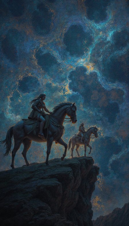 GLOW,intricate tetradic colors in every details,FLUORESCENT,asian woman, Two figures atop steeds, poised on a precipice, overlooking a tempestuous sky. Render the scene with gestural strokes, capturing the raw energy of the environment. Employ a low-angle shot emphasizing their imposing stature. The palette should be dominated by a frigid, desaturated blue, punctuated by warm highlights on the figures and the roiling sky. Focus on the ethereal, almost dreamlike atmosphere. Include intricate details of their attire, suggesting a nomadic culture.