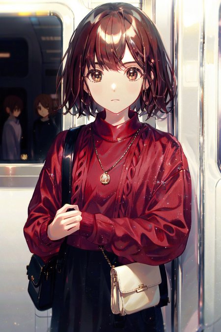 <lora:Niji:1>, girl, anime, looking at viewer, highly detailed, blurry background, depth of field, smooth, brown hair, brown eyes, dark red sweater, on train, motionblur background, holding purse (eyebrows_visible_through_hair:0.586)