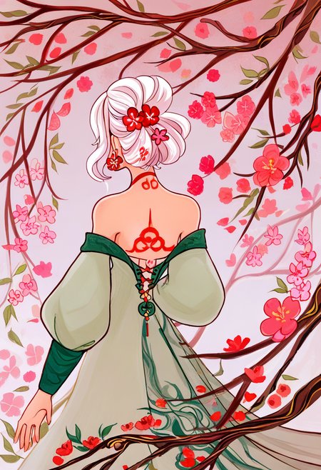 1girl, solo, flower, white hair, hair ornament, from behind, jewelry, pink flower, tattoo, earrings, branch, hair flower, long sleeves, dress, red flower, bare shoulders <lora:cqtlatteXL_NBVP1_lokr_V6311P:0.95>