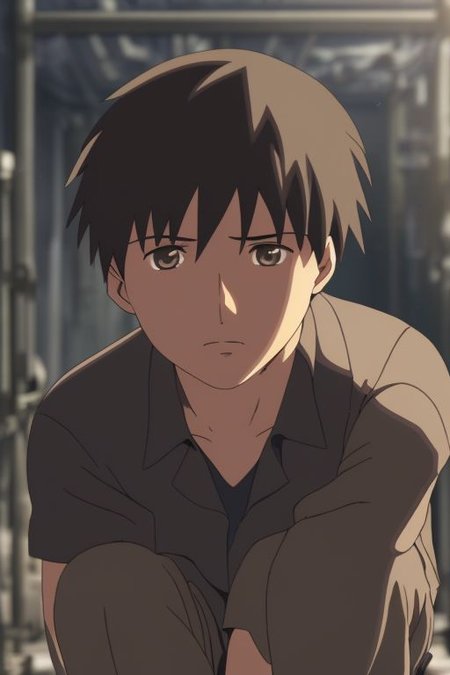 high resolution, solo, best quality, 1Boy, Takaki Toono, Brownish Hair, Brown Eyes, lofi, candid, squat, depth of field, photo model, looking at viewer, OverallDetail