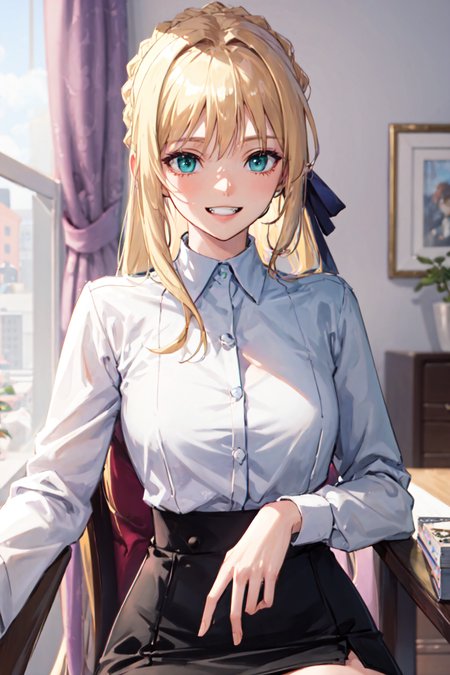 (masterpiece:1.3), best quality, stunning, extremely detailed, upper body, <lora:char_ironcatlora1Artoria_v10:0.7>, artoria pendragon \(fate\), wearing collared shirt with pencil skirt, skinny, tan Skin, blonde hair, Teal Eyes, solo, grin, sitting, vibrant colors, ambient light