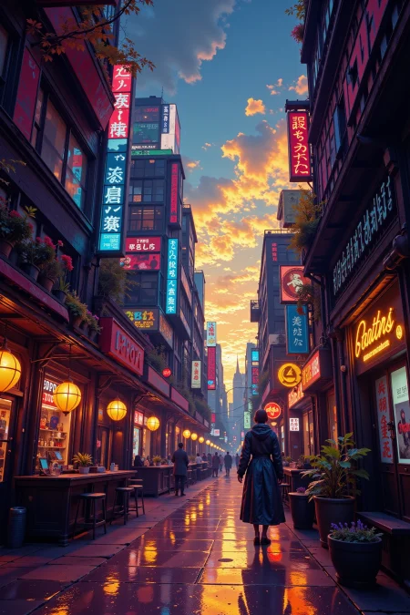 a cyberpunk bar in a futuristic street beautiful  landscape, early morning, woman, very intricate, very detailed, sharp, bright, colorful, <lora:Hand v2:0.5> <lora:Anti-Blur:1><lora:Insane Detail Slider:0.25>  <lora:flux.1_lora_flyway_Epic-detail_v2:0.3> <lora:fluxenhancer:0.25>  <lora:ROWER:0.6>