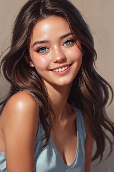 digital painting by Alena Aenami and Junji Ito and Miho Hirano in the style of Thomas Saliot and Charlie Bowater of a cute fit 18 year old fashion model's face and cleavage, smiling, cinematic fashion shot <lora:EnvyStudioPortraitXL01:0.35>