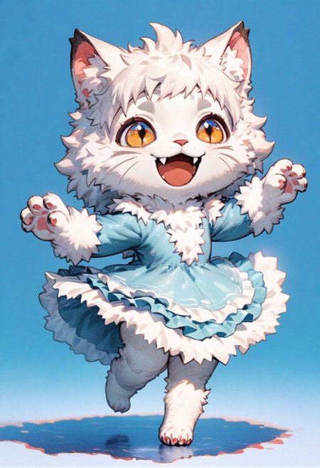 cute anthropomorphic cat furry girl, adorable fluffy fur, (frilled dress:1.2), snout, vibrant colors, blue background, shy, adorable, cute, fangs, bangs, masterpiece, best quality, kawaii, Cute Animals page, ral-fluff, perfect anatomy, full body, 2.5d, octane render, uhd, subsurface scattering, f1.4, (dancing:1.2), smile, :d, chibi,