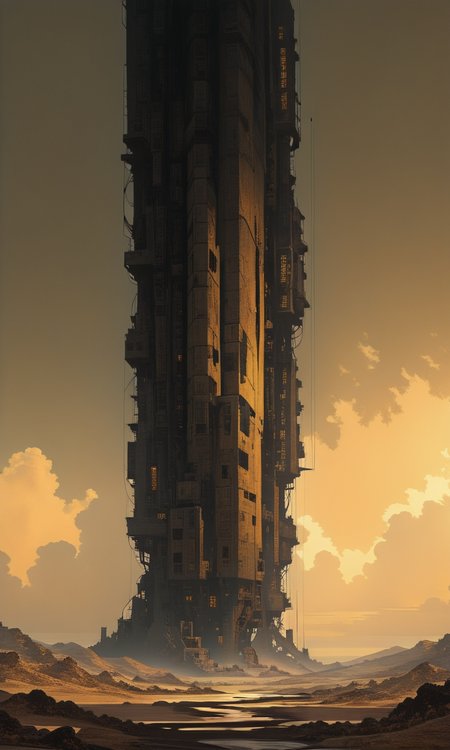 A towering dark industrial structure looms over a barren sandy landscape with a hazy yellowish sky,  <lora:- iLL -PdJ_highres_counterweight_V1.0-step00004500:.8>, <lora:Illustrious:0.4>, <lora:- iLL - glitchy_neon_stuff_V1.0-step00005000:.4> <lora:ck-Sommo-Concept-Art-IL:0.8>