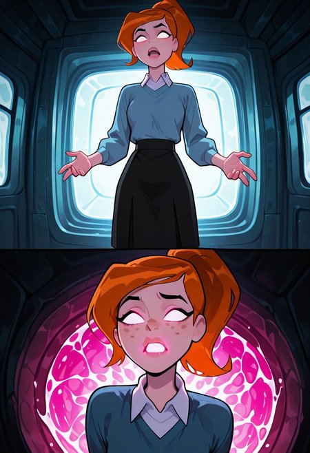 ((screencap, cartoon)) , masterpiece, best quality, amazing quality, very aesthetic, absurdres, newest,
ovgwen,  orange hair, 1girl,  freckles,, lips
ponytail, blue shirt, white collar, black skirt, long sleeves, 
open mouth, glowing mouth interior, glowing eyes, no pupils, beams of light, pink liquid, pink glowing, hands,