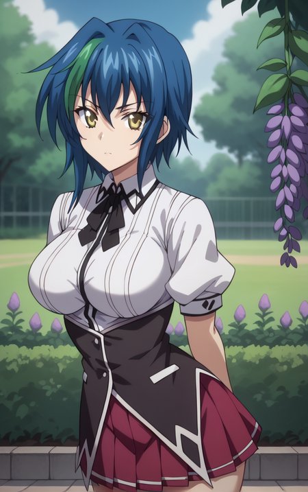 score_9, score_8_up, score_7_up, looking at viewer,  BREAK
SchoolUniform_XenoviaQuarta_ownwaifu,  
1girl, blue hair, eyes visible through hair, green hair, short hair, streaked hair, yellow eyes, multicolored hair, two-tone hair,  hair between eyes, large breasts, bangs, hair intakes,
school uniform, short sleeves, white shirt, shirt, ribbon, pleated skirt, red skirt, black ribbon, neck ribbon, collared shirt,  underbust, necktie, puffy sleeves, black necktie, puffy short sleeves, miniskirt, black bow,
 (leaning forward, arms behind back), cowboy shot, garden, wisteria, outdoors, <lora:PONYXL_HighSchoolDxD_XenoviaQuarta_ownwaifu:0.85> , depth of field, solo,