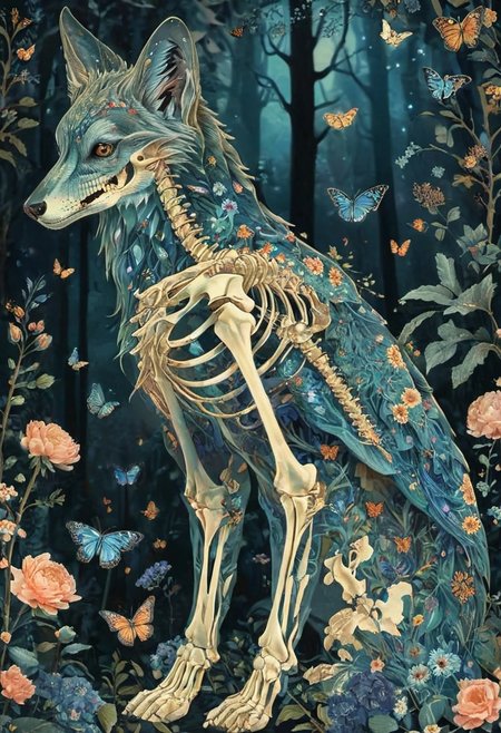 ral-granlum, A majestic mythical creature with intricate blue floral patterns adorning its skeletal structure. The creature stands amidst a serene forest backdrop, surrounded by various trees, flowers, and butterflies. The color palette is dominated by soft pastels, with the creature's skeleton being the most prominent feature, contrasting beautifully with the floral elements.