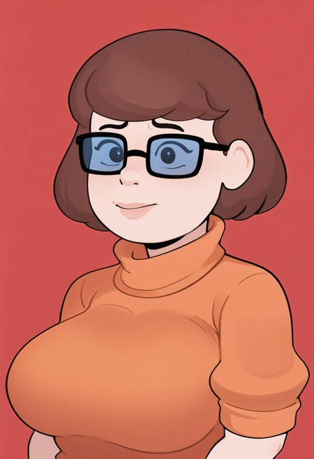 score_9, score_7_up, <lora:TheGoonerTenant-guy-PONY-DORAv1:1>, 1girl, solo, (velma dace dinkley):0.7, orange sweater, large breasts, portrait, red background