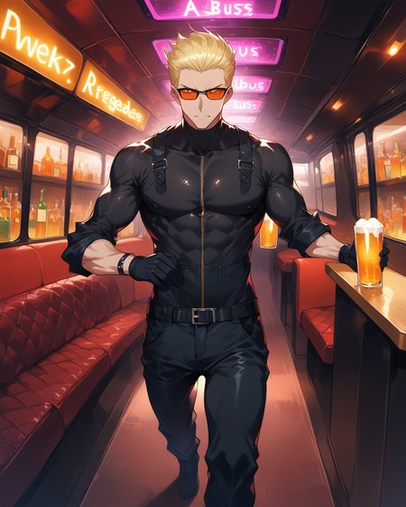 score_9, score_8_up, score_7_up, score_6_up, source_anime, rating_explicit, ah1, best quality, (masterpiece:1.4), (high quality:1.4), sharp focus, 4k, absurd resolution, <lora:albertwesker-guy-PONYv1:0.8> albertwesker, albert wesker, 1boy, solo, blonde, black gloves, sunglasses, belt, pants, black coat, black pants, looking at viewer, toned, athletic, fit, slicked back hair, black turtleneck, zipper, mature male, (graphene textured clothes), black boots, (Walking), (a renegade punk party bus, decked out with black leather upholstery, neon lights, and a fully stocked bar serving DIY cocktails and craft beers, Revelers climb aboard, ready to embrace the chaos and mayhem of a punk-inspired night on the town), bad-hands-5, ((Inquisitive expression)), <lora:xl_more_art-full_v1:0.4>, <lora:shinyskin2:0.3> glistening skin, <lora:aesthetic_anime_v1s:0.4>, <lora:Expressive_H:0.4> Expressiveh, <lora:hairdetailpxl:0.4> hairdetailpxl, <lora:EpicF4nta5yXL:0.4>, <lora:detailxl:0.4> detailxl, <lora:Fant5yP0ny:0.4> (Framing Perspective shot), (Work Overalls), (focused, intense glare), slit pupils, short hair, (reddish orange eyes),