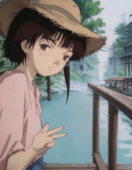 score_9,score_8_up,score_7_up, cartoon_source, petite cute girl in wooden bridge, bare feet, freckles, black hair, pale skin, straw hat, closed eyes, cute smile, double v fingers, side ponytail, solo, cute, <lora:gh1bl1XLP:1> gh1bl1, small breasts,lain iwakura,iwakura_lain, lain,iwakura