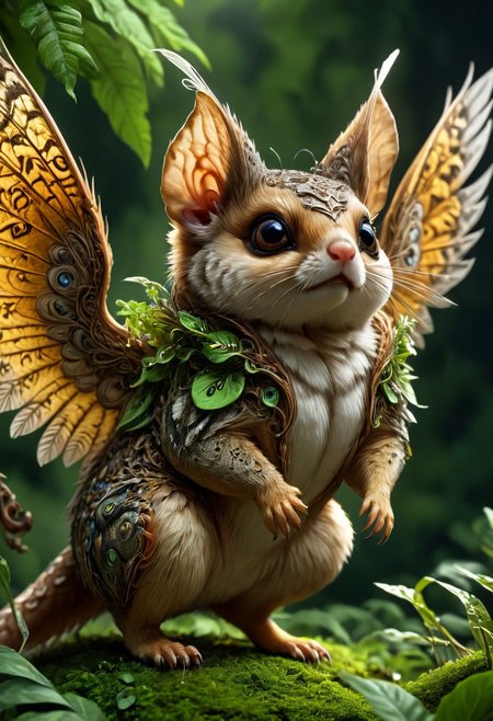 (masterpiece, best quality, stunning, extraordinary, photorealistic, hybrid creature, flying squirrel, centipede, (dramatic lighting, intricate sharp details, overgrown background, volumetric lighting, close-up view, (fantasy, surreal, dramatic, (incredibly detailed wings, intricate patterns, detailed eyes)))), trending on ArtStation, trending on Instagram