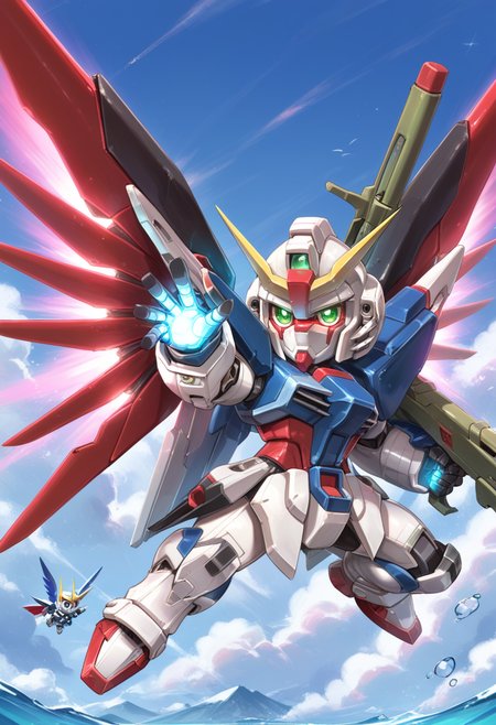 (score_9:0.9),score_8_up,score_7_up,rating_safe,anime_style,(zPDXL),<lora:Destiny Gundam ponyXL v1:0.71>,destiny gundam,glowing,wing down,green eyes,glowing eyes,open hand,science fiction,green beam rifle,weapon,upper body,outstretched hand,glowing hand,chibi,mechanical wings,