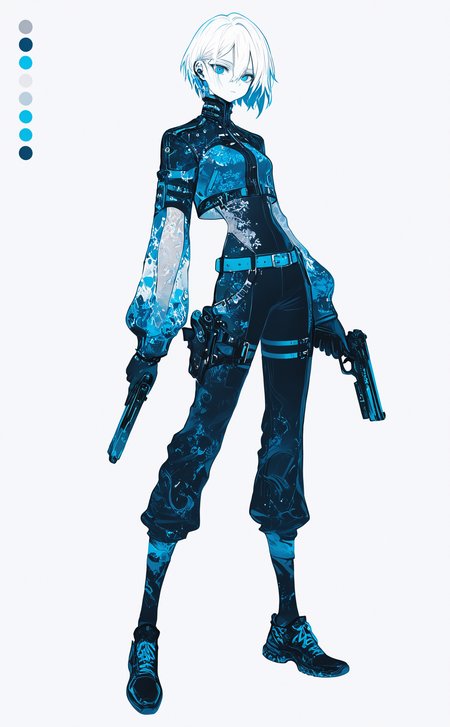 masterpiece, best quality, amazing quality, 1girl, solo, looking at viewer, short hair, blue eyes, simple background, long sleeves, white background, gloves, holding, hair between eyes, closed mouth, jewelry, standing, full body, white hair, weapon, earrings, shoes, pants, belt, holding weapon, see-through, gun, colored skin, bodysuit, expressionless, holding gun, cropped jacket, handgun, white skin, dual wielding, blue theme, limited palette, trigger discipline, earpiece, blue belt, color guide, 0__11Xx_illu,
15546+456868 <lora:noobai_ep11_stabilizer_v0.138_fp16:0.3> <lora:NOOB_vp1_detailer_by_volnovik_v1:0.3> <lora:114558v4df2fsdf5:0.6> <lora:mon_monmon2133:0.5> <lora:0__11Xx:0.5>