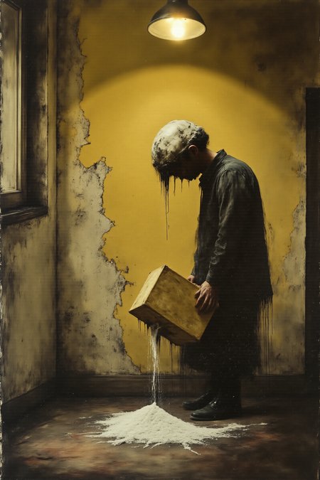 "In a hyperrealistic depiction of a deserted, Art Deco train station, painted in a palette of muted mustard yellow and deep charcoal gray, a surreal tableau unfolds. A colossal, misshapen block of cheddar cheese, its surface resembling a lunar landscape, rests atop a pile of spilled salt, forming an unstable, gravity-defying structure. A single, antique suitcase, its form distorted and elongated, lies beside the cheese, casting a long, surreal shadow. The lighting is dramatic, with a single, overhead light source illuminating the scene, creating a sense of unease and Dadaist disorientation. The details are meticulously rendered, from the grains of salt to the peeling paint on the walls, blurring the lines between reality and the absurd."
Dark Art