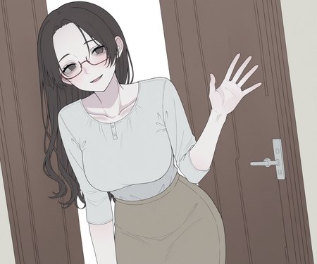 masterpiece, best quality, amazing quality, , 1girl, solo, glasses, , looking at viewer, shirt, skirt, long hair, light smile, open mouth, mature female,  <lora:Happiiakujikijp ILL-v2:1> happiiakujikijp, detailed background