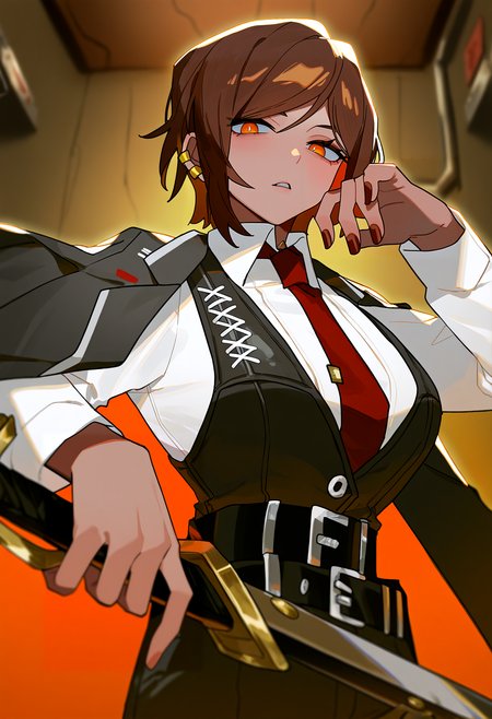 very awa, masterpiece, best quality, year 2024, newest, highres, absurdres, <lora:age_slider_v4:3> <lora:thicc_v1.4-pony:1.2>,detailed_background,indoors,ear piercing,highres,project moon,cowboy shot,brown hair,sword,weapon,1girl,dark-skinned female,necktie,short hair,hamelon310,hand up,white shirt,jacket,collared shirt,outis \(project moon\),dark skin,red necktie,solo,limbus company,orange eyes,black jacket,long sleeves,belt,black belt,black vest,parted lips,vest,looking at viewer,shirt,brown nails,piercing