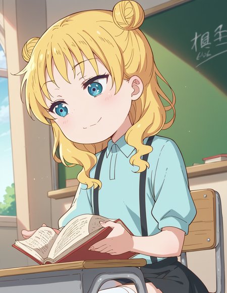 score_9, score_8_up, score_7_up, source_anime, <lora:dragon-chloe-s2-ponyxl-lora-nochekaiser:1>, chloe, blue eyes, blonde hair, hair bun, double bun, child, female child,, skirt, shirt, thighhighs, collared shirt, suspenders, blue shirt,, classroom, chalkboard, day time, studying, sitting, chair, desk,, , , smug, hand on hips,, solo,, dutch angle,