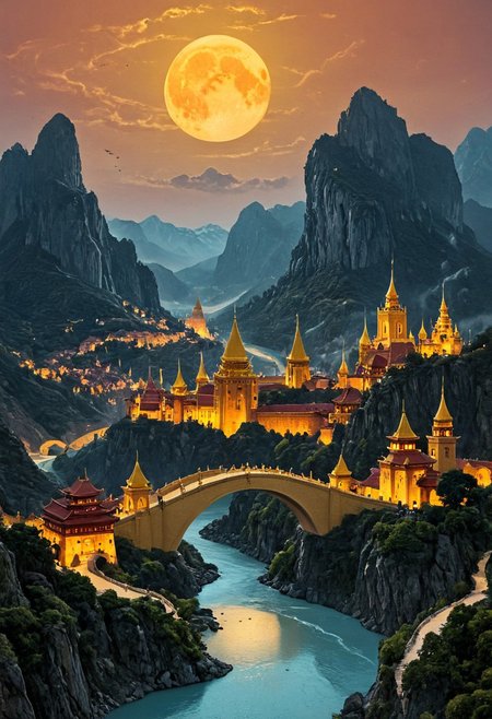 masterpiece, very high quality, epiCPhoto, epic landscape, epic scale, city, ancient city, golden palace, golden houses, ancient world, giant bridge over flame river, cold moon, easynegative, epiCPhoto, landscape, castle, mountain, intimidating aura, victorian architecture, divine