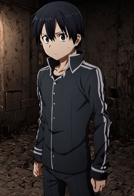 high resolution, solo, best quality, 1Boy, Kazuto Kirigaya, Black Hair, Black Eyes, guts's test, haunted place, OverallDetail