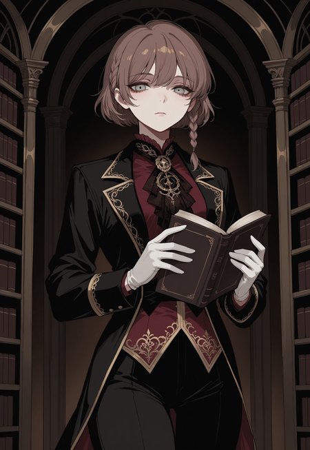 Solo, ethereal, detailed, halfturned, melancholic, upper facing, 

dark background, library, 

emotionless, looking at viewer, 

holding_open_book, 

1girl, silver eyes, brown hair, short hair, single braid, side braid, dark green neck cloth, detailed victorian uniform, golden ornate embroidery, black long blazer,  open blazer, dark red blouse, gold braided blouse, tugged in blouse, white gloves, black pants, 

masterpiece, best quality,  very aesthetic, absurdres, newest, 