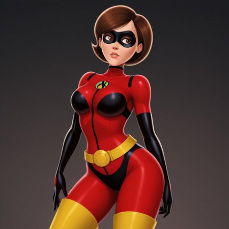 helen, 1girl, solo, brown hair, brown eyes, red bodysuit, domino mask, elbow gloves, lips, yellow belt, thigh boots
