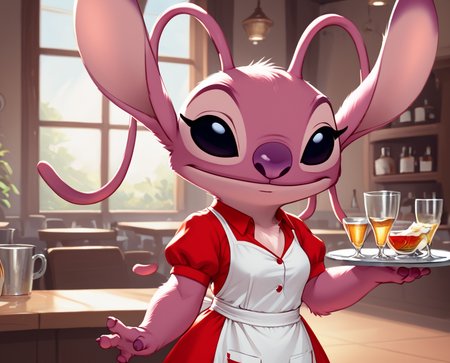 score_9, score_8_up, score_8,    <lora:Angel_for_PonyXL:0.8> 1girl, furry, ange1, antennae, solo, black eyes, resturant, waitress, dress, uniform