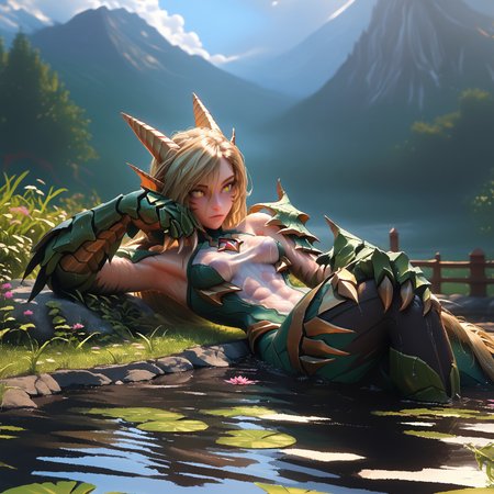 safe_pos, ((Score_9, score_8_up, score_7_up), masterpiece, perfect face, expressive eyes,(dragon girl),(full animal arms),(muscular arms:1.2),(monster arms:1.3),(big claws),relaxed expression,relief,(looking away),lying in a pond, blonde hair, yellow eyes,(long tail),(slender figure),(tight clothes:1.1),forest and mountains scenery,pond,(close-up),relaxing,(soaking wet,wet clothes,wet skin,dripping water),bathing in a pond,hot water,steam