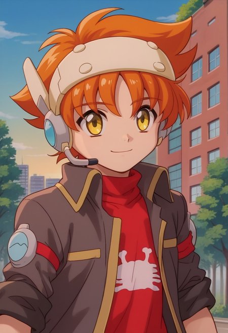 score_9, score_7_up, source_anime, 
kanipa, 1boy, male focus, solo, yellow eyes, orange hair, short hair, headset, sweater, red sweater, turtleneck, jacket, collared jacket, brown jacket, long sleeves, sleeves rolled up,  upper body, smile
outdoor, sky, tree, building,