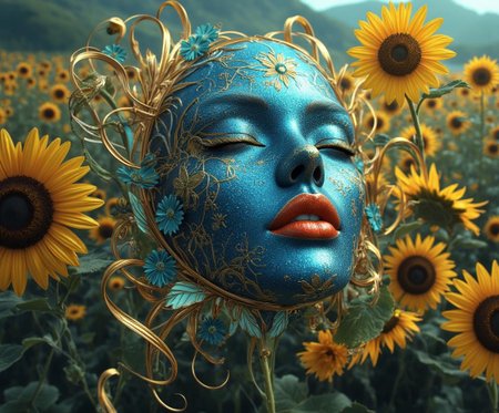 <lora:Refined_Beauty_v1_style.safetensors:1> RefinedBeauty_DA
In the heart of a surreal dreamscape, where reality and fantasy intertwine, the "Solar Spirit" mask floats amidst a sea of undulating sunflowers. The mask, a masterpiece of fluid beauty, glimmers with a vivid blue ceruse finish, its surface rippling like the surface of a tranquil lake under the moonlight. Intricate gold and turquoise floral embellishments weave through the mask, their delicate patterns shimmering and shifting, as if crafted by the hands of ethereal beings. The deep crimson lips, bold and expressive, stand out against the serene, half-closed eyes, which seem to hold the gaze of an endless summer day.
The sunflowers in the background are no ordinary blooms; they dance and sway, their petals glowing with a radiant warmth that bathes the entire scene in a golden light. Some of the sunflowers float in mid-air, their stems trailing like silk ribbons, while others grow from the surface of gently flowing rivers of liquid light. The landscape itself is a tapestry of flowing hills and valleys, where the earth and sky seem to merge in a seamless, ever-changing dance.
In this enchanted realm, the boundaries between the real and the imaginary blur, drawing the viewer into a world of endless wonder and enchantment. The "Solar Spirit" mask, a symbol of nature's beauty and the human spirit's connection to the divine, invites all who behold it to transform themselves, to let the warmth and tranquility of the summer sun shine through and elevate their very essence.