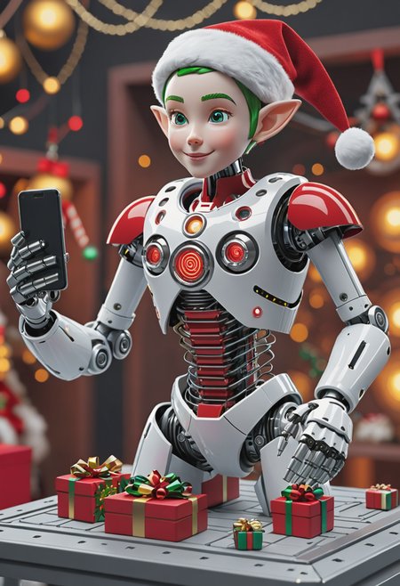 cybernetic robot Capture the essence of a joyful and hardworking elf at Santa's workshop in the North Pole, The cybernetic design should blend seamlessly with their traditional attire, showcasing intricate details while maintaining an air of festive cheer, . android, AI, machine, metal, wires, tech, futuristic, highly detailed,